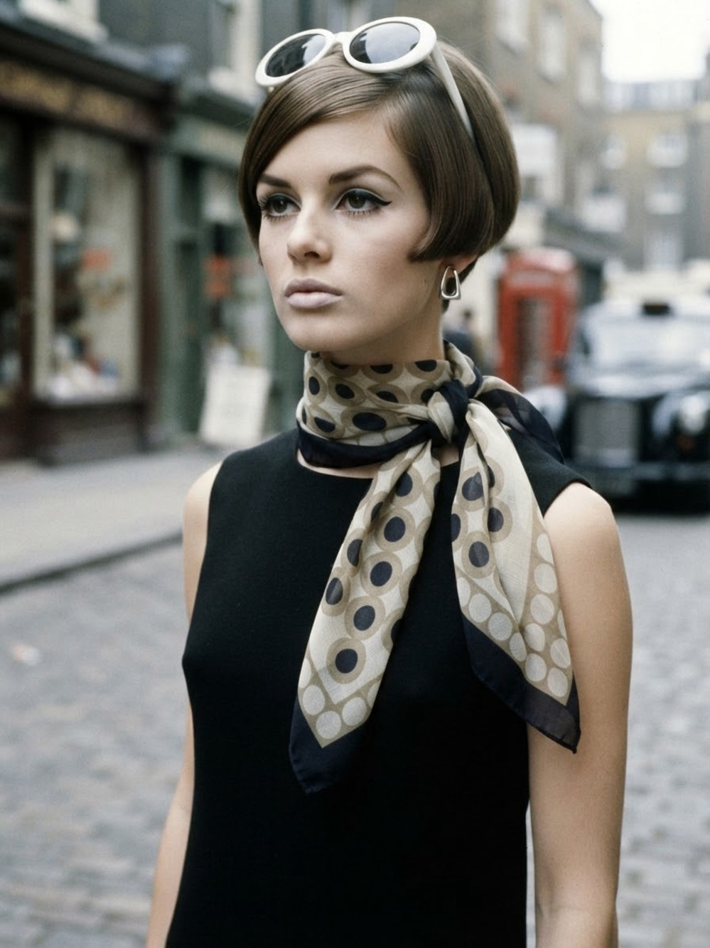 Vintage 60s / 70s Oleg Cassini Silk Scarf Geometric Circle Black Taupe Polka Dot